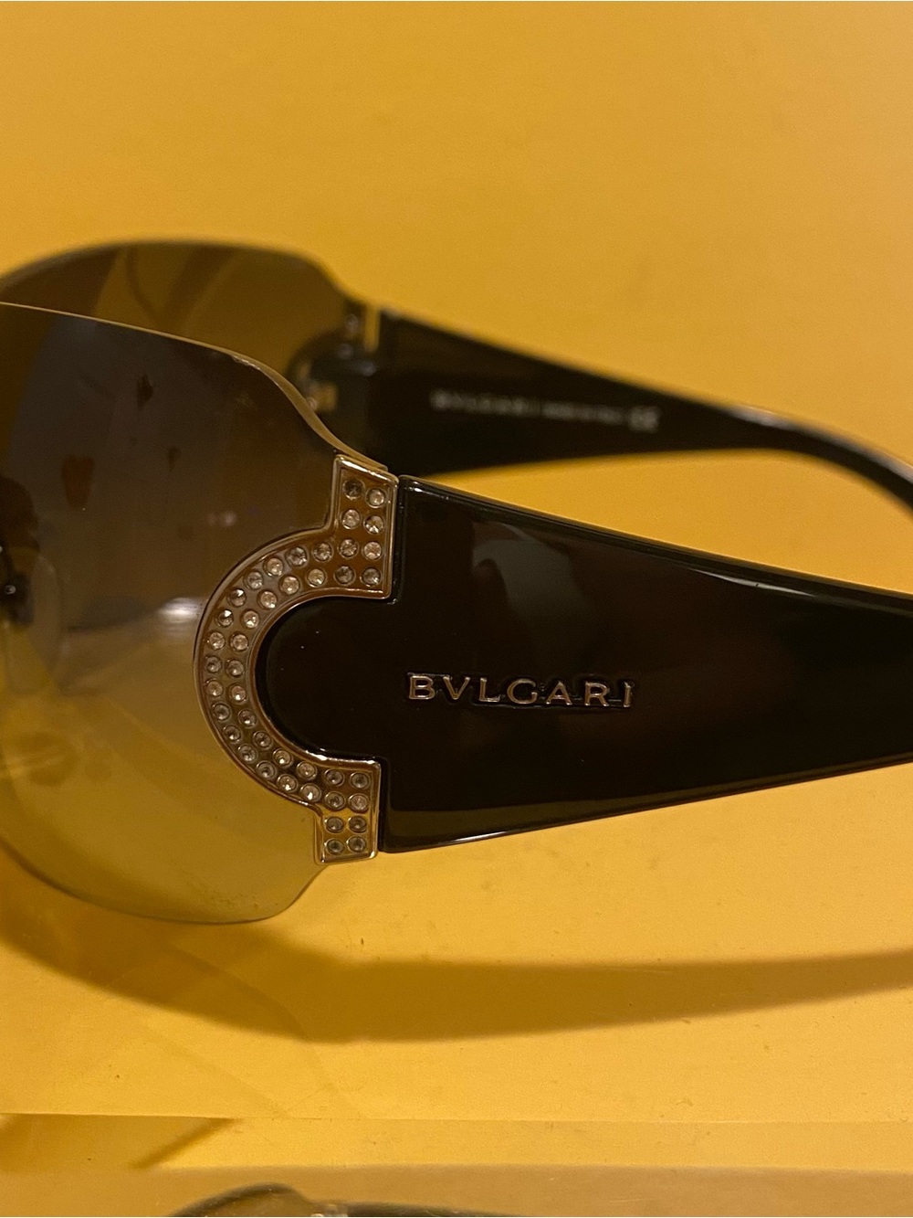 Bulgari Black Crystal-Embellished Shield Sunglasses